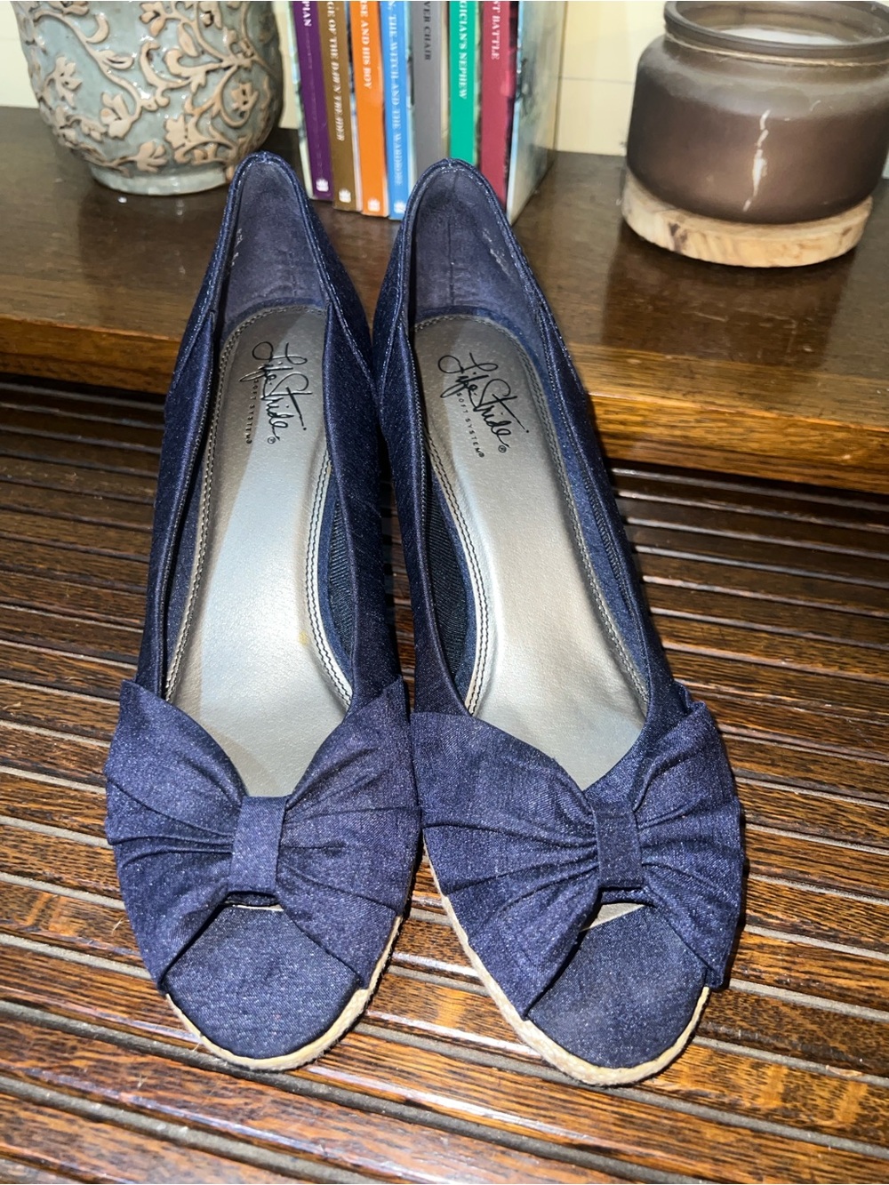 Life Stride Navy Bow Peep-Toe Wedges